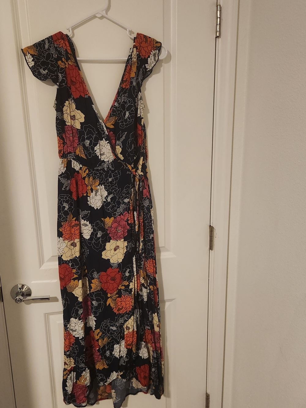 Floral  Dark Blue Wrap Maxi Dress with Flutter Sleeves
